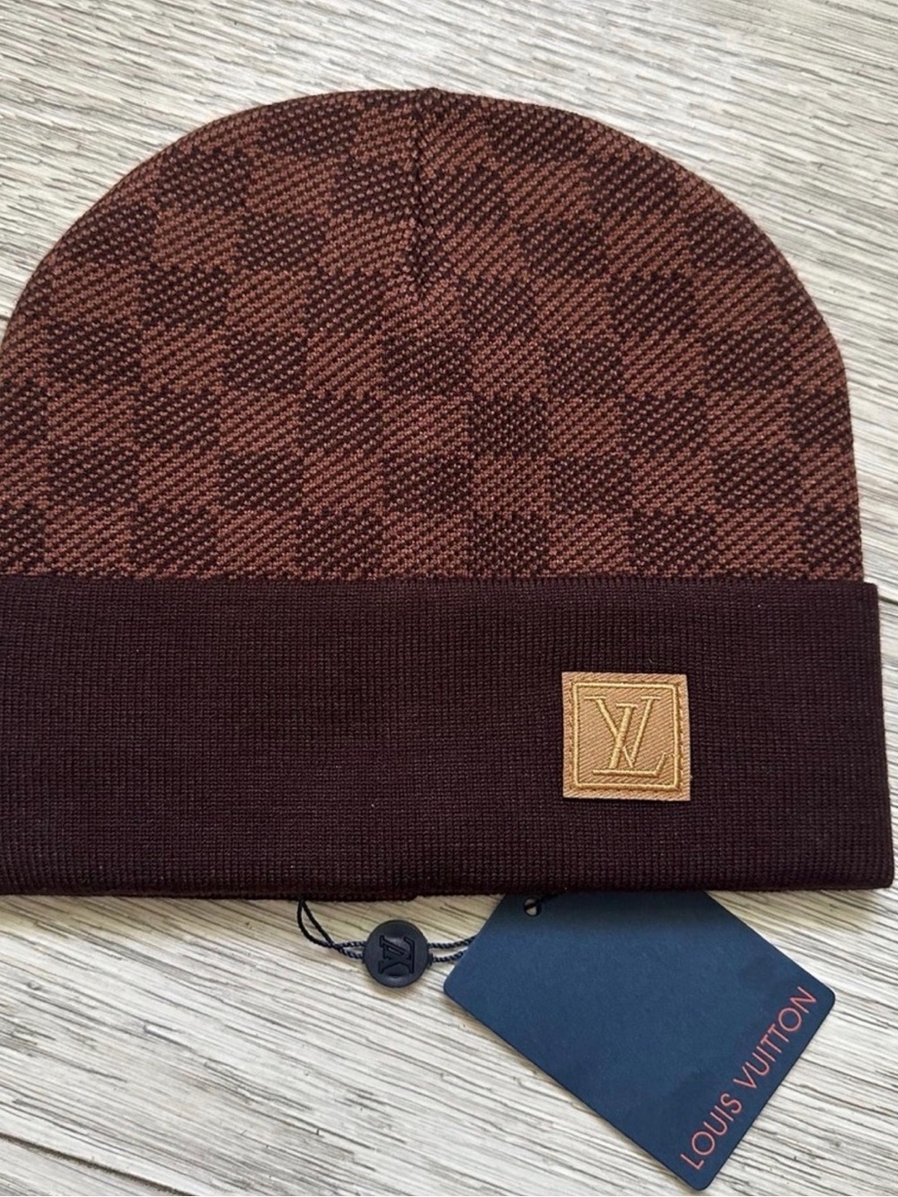 Louis Vuitton Brown Checker Knit Beanie with LV Leather Patch